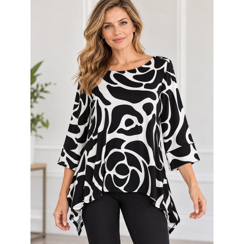 Eva Varro Ivory Rose Tunic Top Black White Abstract Art Sharkbite Hem Size Small